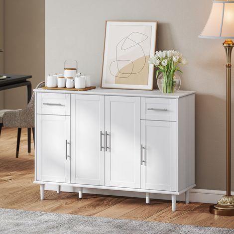 Wohnzimmerschrank, Sideboard mit 2 Schubladen und 3 Schränken mit verstellbaren Einlegeböden, Sideboard mit Kiefernholzbeinen für Esszimmer und Küche, 120 x 38 x 86 cm, Weiß