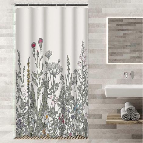 Rideau de douche vintage à bordure florale, motif d'herbes et de fleurs sauvages, style gravure botanique, végétation des champs colorée, tissu polyester imperméable 183 x 183 cm (1/5)