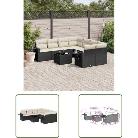 The Living Store Salon de jardin 9 pcs avec coussins noir résine tressée - Ensemble Salon De Jardin - Meuble Extérieur - Résine Tressée - Rotin Synthétique - Mobilier De Jardin (1/3)