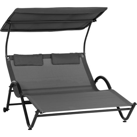 Sonnenliege mit Sonnendach, Kissen und Rollen, Stahl und anthrazitgraues Polyester
