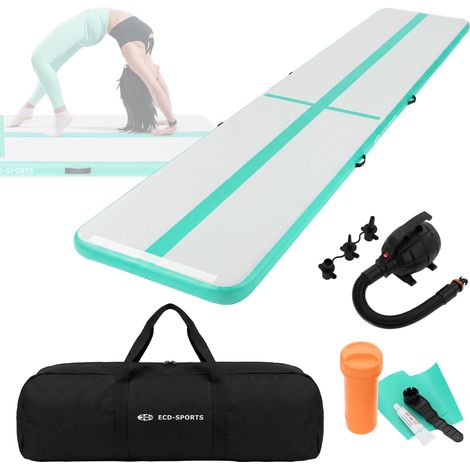 Ecd Germany – Tapis de gymnastique gonflable 5m – Épaisseur 10 cm – Surface élastique et résistante à l'eau – Avec pompe électrique et sac de transport