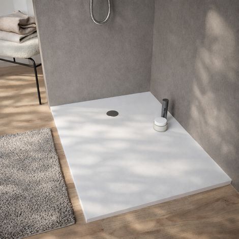 Plato de ducha 140x80x2.9cm en Polibeton blanco mate Soft-Touch recortable (1/5)