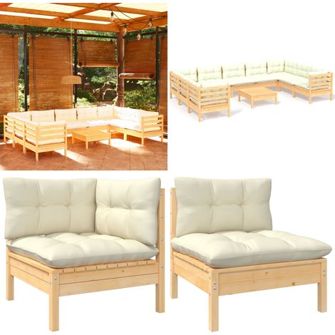 Muebles de jardín 10 piezas y cojines madera de pino crema - Muebles de exterior - Cojines de jardín
