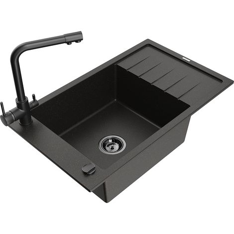 Mexen Elias fregadero de granito de 1 seno con escurridor y grifo de cocina Duero, negro/dorado metálico - 6511-75-671600-70-B (1/5)