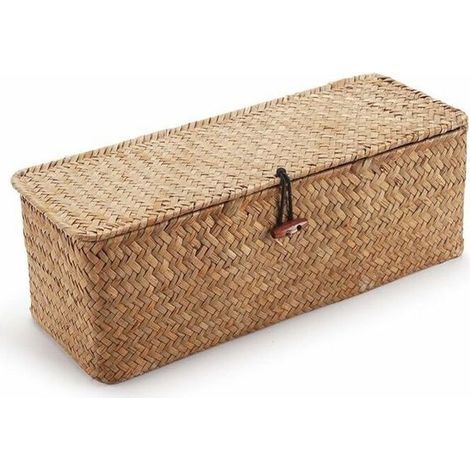Panier Rangement Jonc Mer - 1 piece - Rectangulaire avec couvercle - Malle osier compartiment jouets