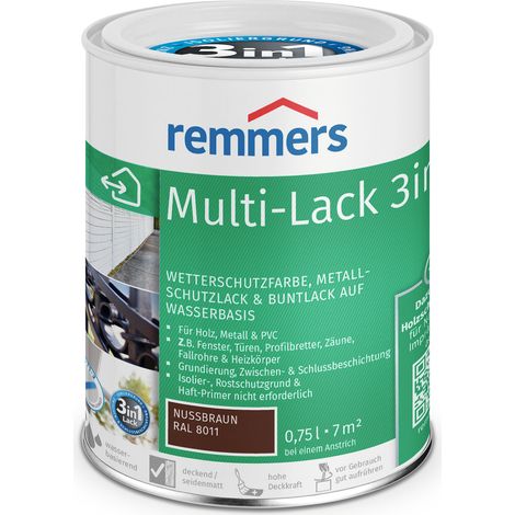 Remmers Multi-Lack 3in1 nussbraun (RAL 8011), 0,75 Liter, Wetterschutzfarbe, Metallschutzlack & Buntlack auf Wasserbasis für Holz, Metall & PVC (1/5)