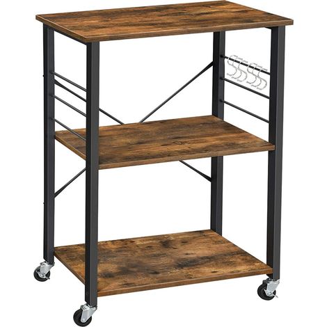 Carrello da cucina con ripiano a 3 ripiani 60 x 40 x 89 cm per forno a microonde mini tostapane struttura in metallo con 6 ganci stile industriale marrone rustico 120005674