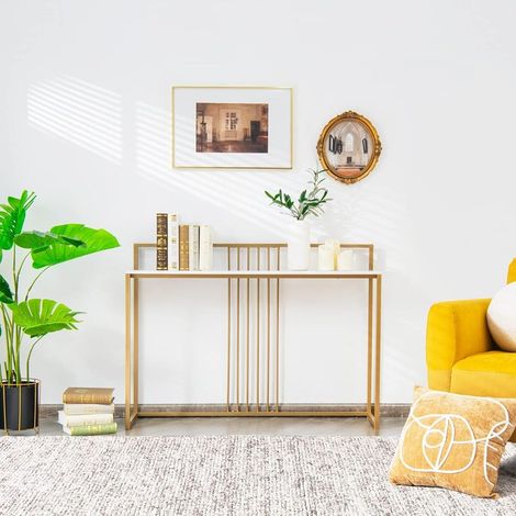 Table console moderne blanche effet marbre avec plateau 120 cm et structure dorée en acier, pour entrée salon et couloir (1/5)