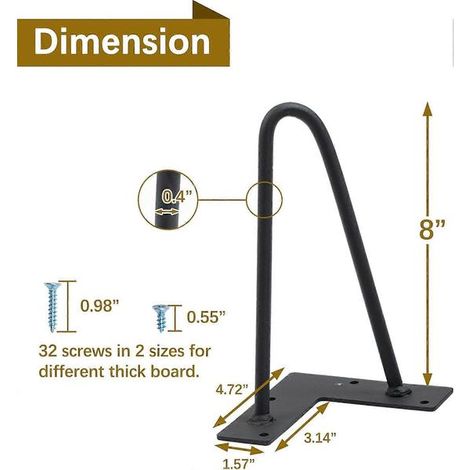Pieds de meuble en épingle à cheveux de 20 cm (8 po), lot de 4, robustes, en acier massif, composés de 2 tiges, avec vis de 2 tailles et 4 patins de protection pour le sol. Convient pour table de chev (1/4)