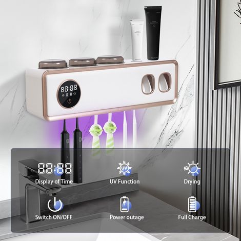 【Maison connectée】Brosse a Dent Electrique sans Perçage avec Stérilisateur UV Distributeur automatique de dentifrice, écran tactile LED, pour Salle de Bain, avec 3 Gobelets (1/5)