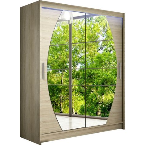 Armoire Closico 121, Sonoma chêne, 200x150x58cm, Portes d'armoire: Coulissantes, Nombre d'étagères: 5, LED (1/4)