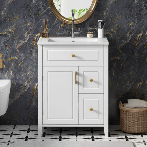 URBAN MEUBLE Raffs 61 cm Meuble sous-vasque blanc en MDF avec lavabo en céramique, poignées dorées, tiroirs et étagère – Design moderne et grande capacité de rangement (robinet non inclus) (1/5)