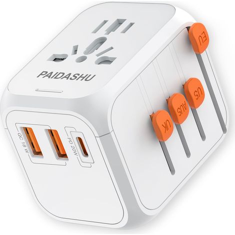Adaptateur de Voyage Universel 1500W avec PD20W, 2 USB + 1 USB C + 1 Prise AC, Adaptateur Prise International pour France vers UK USA EU AU, Plus de 100 Pays (1/5)