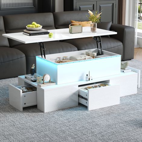 Table basse relevable 100x50x40 cm blanche avec LED et 4 tiroirs, MDF, rangement caché MEUBLIV (1/5)