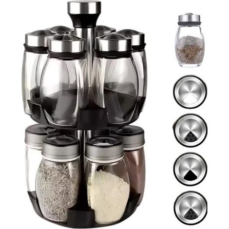 Distributeur D'Épices Rotatif - 12 Pots En Verre - Base Pivotante - Acier Inoxydable Et Plastique - Pour Cuisine Maison Ou Professionnelle - Lot De 1 (1/5)