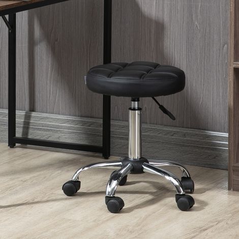 Tabouret pivotant rond à roulettes. Hauteur réglable et revêtement en similicuir. Noir.