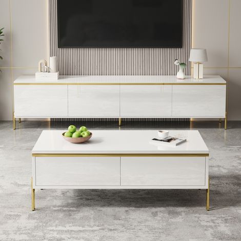 Meuble TV de luxe moderne et ensemble de table basse,surface très brillante de couleur unie,bords dorés,espace de rangement généreux-Da (1/5)