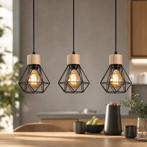Suspension industrielle 3 têtes, design rétro métal noir et bois, abat-jour cage géométrique, pour table ou bar, L50cm (1/4)