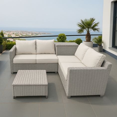 Mobile da giardino angolare 4 posti in resina intrecciata con scatola portaoggetti grigia e beige ABACOS (1/4)