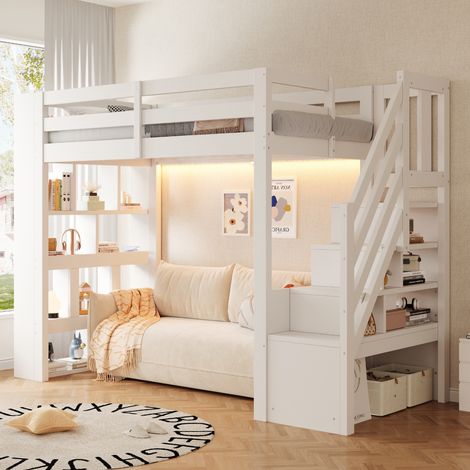 Lit mezzanine 90x200 cm - éclairage led - grand rangement - sommier à lattes - avec échelle - bois massif - structure multifonction - blanc (1/5)
