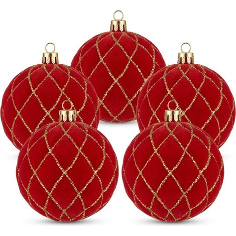5 Palle per Albero di Natale grandi 10cm Velluto ROSSO con Decorazioni oro Palla sfera natalizia' addobbi rossi ghirlande Eleganti e particolari arredo casa e locali commerciali (1/5)