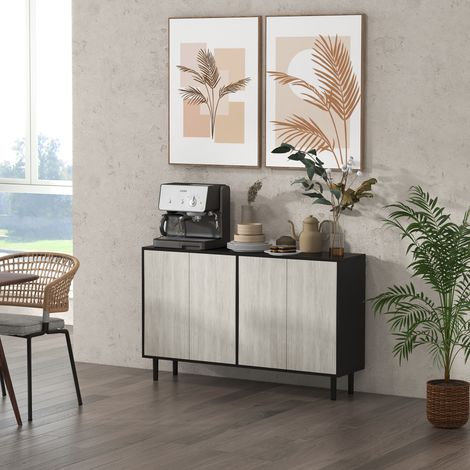 Buffet de cuisine meuble de rangement 2 placards avec étagères réglables. 121 x 37 x 75 cm. noir et aspect bois gris