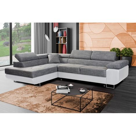 Aston Left Hand Facing Corner Sofa Bed with Storage and Lift Mechanism - Grey & White (1/5)
