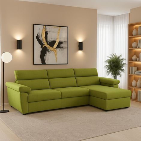 Sofá Fijo con Chaise Longue Ceto, Desenfundable, Reversible Made in Italy, Hidrófugo Multiposición, 285x160 cm Verde (1/5)