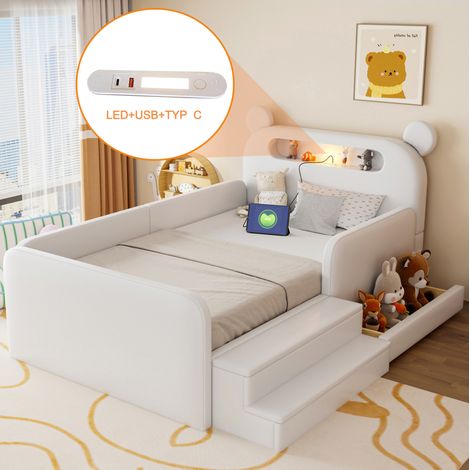 Letto per bambini 90x200 cm bianco in similpelle con testiera a forma di orso, luce notturna, USB e vano contenitore (1/5)