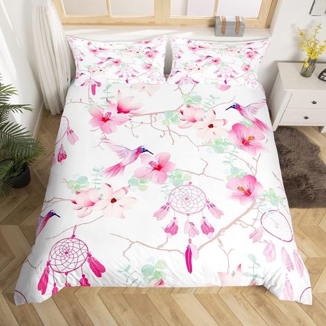 Colibri Parure de Lit 140x200cm Rose Dreamcatcher Fleurs Sets de Housse de Couette Colibri Nature L'amourr Housse de Couette Respirable Tropical Birds Décor Parure Housse de Couette - 140 x 200 cm (1/5)