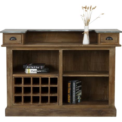 Meuble bar en bois de cèdre recyclé et métal – Dimensions L 140 x P 50 x H 100 cm – 15 bouteilles et 2 tiroirs de rangement (1/5)