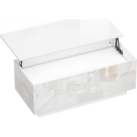 Mesa de centro elevable blanca brillo con compartimento oculto y 2 cajones, 102 x 48 x 54,5 cm (1/5)