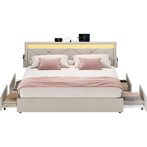 Lit double 210,2 x 169 x 88,2 cm confort optimal 4 tiroirs pratique tête de lit rembourrée en tissu beige cappuccino (1/2)