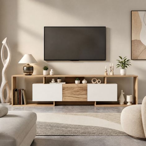 Mobile TV 180 x 30 x 49 cm, 2 ante a ribalta, 1 anta battente, bianco e legno DESVIAE (1/5)