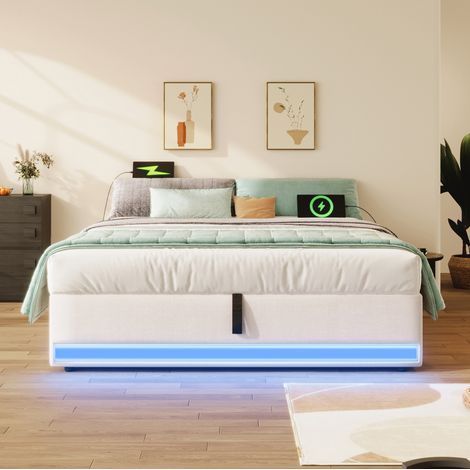 Lit capitonné moderne 140x200 cm en lin beige avec LED, USB-C, poches latérales et rangement relevable (1/5)