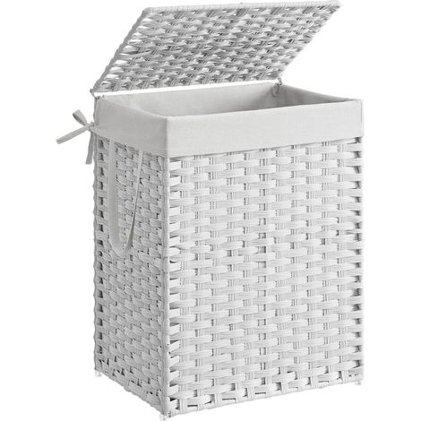 Panier à Linge de 90L, tissé à la Main, Corbeille à vêtements en rotin synthétique, avec Couvercle et poignées, Pliable, Sac intérieur Amovible, Blanc LCB51WT (1/5)