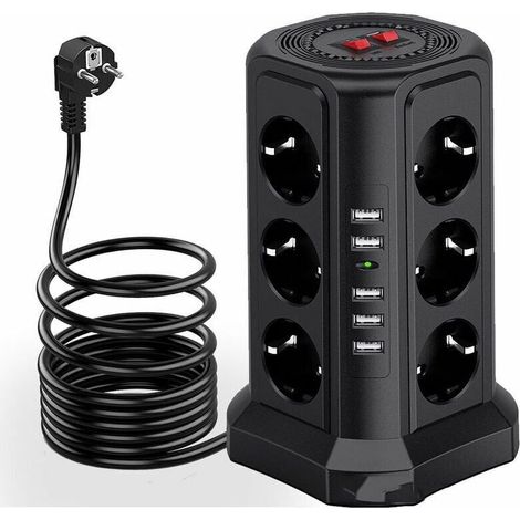 Beijiyi – Multiprise tour parafoudre 12 prises CA et 5 ports USB – Interrupteurs individuels – Protection 1500J – Longueur 2m – Matériau ignifuge