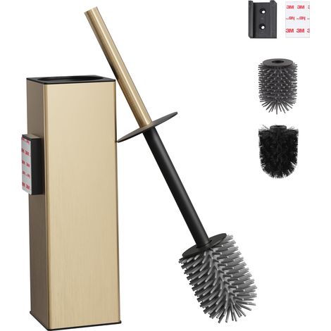 Brosse WC murale dorée - Support de brosse WC sans perçage - En métal - Avec 2 têtes de brosse - Brosse WC en silicone - Rectangulaire (1/5)