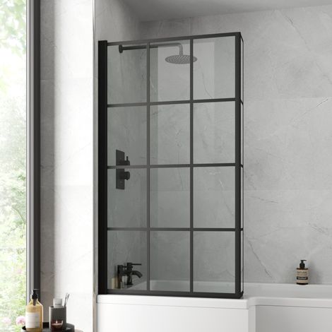 Nuie Pacific Square Matt Black Framed L Shaped Shower Bath Screen with Fixed Return - NSBS7BF (1/8)