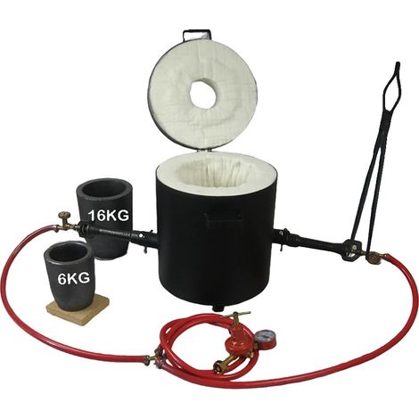 Fondeuse à métal avec 2 creusets, pour la fabrication de bijoux, capacité de 16 kg, adaptée au cuivre et au laiton, système à deux brûleurs, température maximale 1300 °C (1/5)