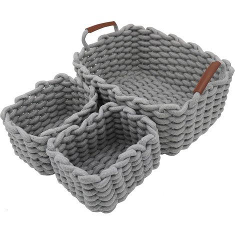 Panier de Rangement en Corde de Coton Organisateurs de Paniers de Rangement Rectangulaires Naturels DéCoratifs Pour Chambre de BéBé, Chambre à Coucher, Salon Gris Lot de 3