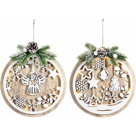 Decorazioni Natalizie da Appendere in Legno con Luci Led Set 2 Quadretti Natalizi Addobbo Luminoso per Casa, vetrine e Negozi -Diametro 28 Cm (1/3)