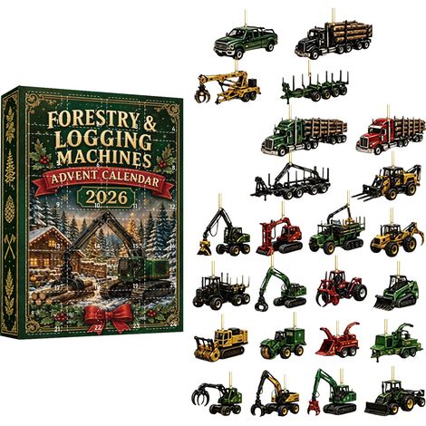 Adventskalender Forstmaschinen 2026 – 24 Teile – Mehrfarbig – Acryl – 2D – Thema: Forstmaschinen – Hängende Ornamente – Sammelbare Mini-Dekorationen – Geeignet für Weihnachtsbaum und Innendekoration (1/5)