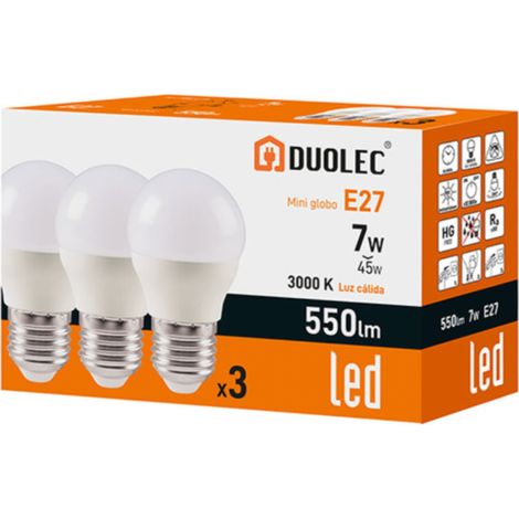 Pack 3 bombillas led Mini Globo DUOLEC E27 luz cálida 7W - (1/2)