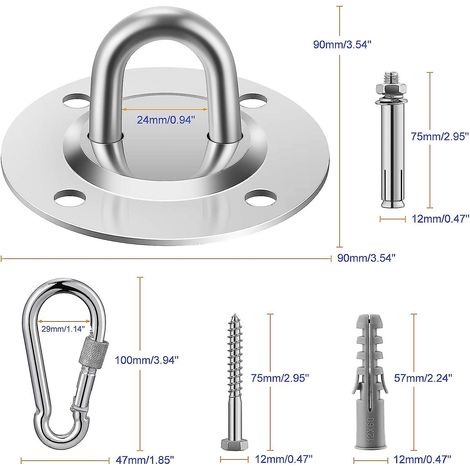 Crochets de plafond robustes en acier inoxydable pour sangles en bois, béton, yoga, hamac - 4 pièces (argent) (1/4)
