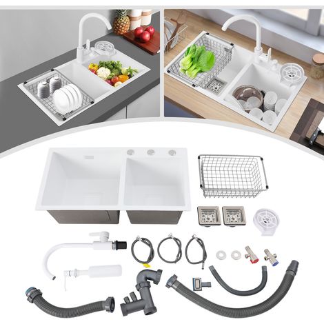 【Chauffage et ventilation】Inox Évier Cuisine 2 bacs 71×38×21cm, avec robinet eau chaude/froide à rotation 360°, lave-tasse sous pression, distributeur de savon et panier égouttoir (1/5)