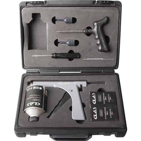 Clas – Coffret kit réparation pneus tubeless avec 100 champignons 8mm et accessoires – Pistolet d'insertion et vulcanisant 250ml – Outil mécanicien
