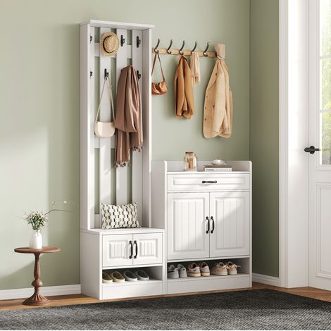 Conjunto de recibidor 125x36x190 cm blanco en tablero de partículas con banco zapatero, armario y perchero (1/5)