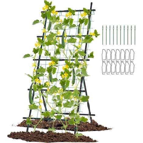 COSTWAY Gurke Rankhilfe Set, 187 cm, A-förmig, Pflanzenhalter mit Gartennetz & Clips, Rankgitter Metall, Pflanzenstütze für Kletterpflanzen Blumen Nutzpflanzen, Garten Outdoor, Schwarz (1/5)