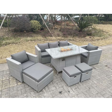 Fimous 8-Sitzer Polyrattan Gartenmöbel Set im Freien Gas Feuertisch Sofa Sets mit 2 Sessel Großer Hocker 2 Kleiner Hocker Helles Grau
